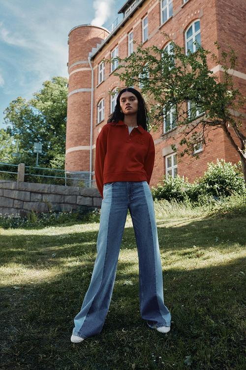 Two-toned wide ultra high jeans - denim blue colour block