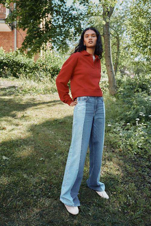 Two-toned wide ultra high jeans - denim blue colour block