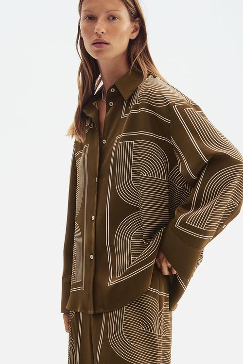 Oversized twill shirt - dark khaki green patterned 