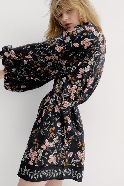 Oversized tie-belt dress - black floral 