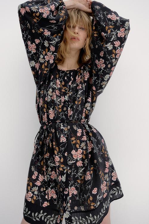 Oversized tie-belt dress - black floral 