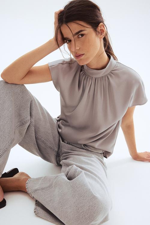Stand-collar satin blouse - light grey