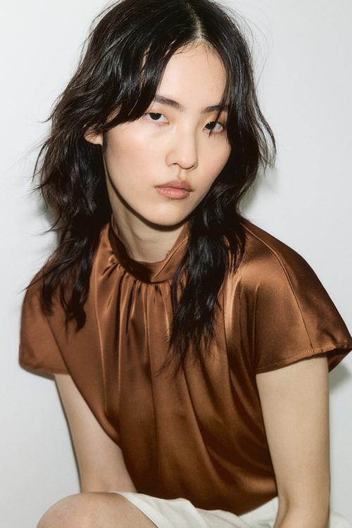 Stand-collar satin blouse - brown