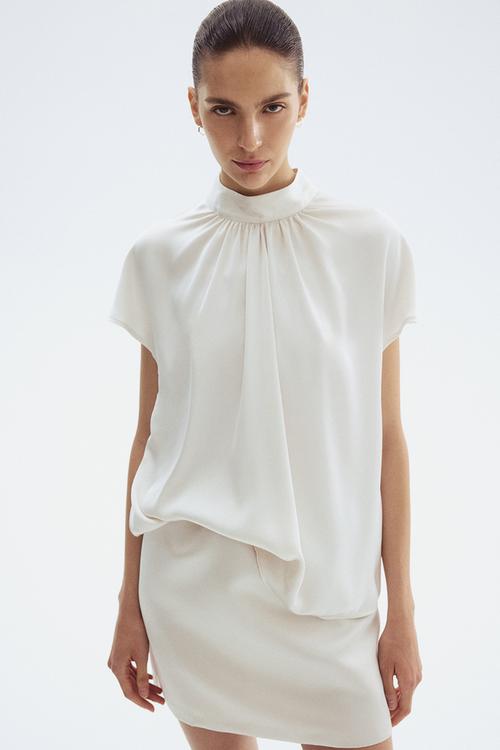 Stand-collar satin blouse - white