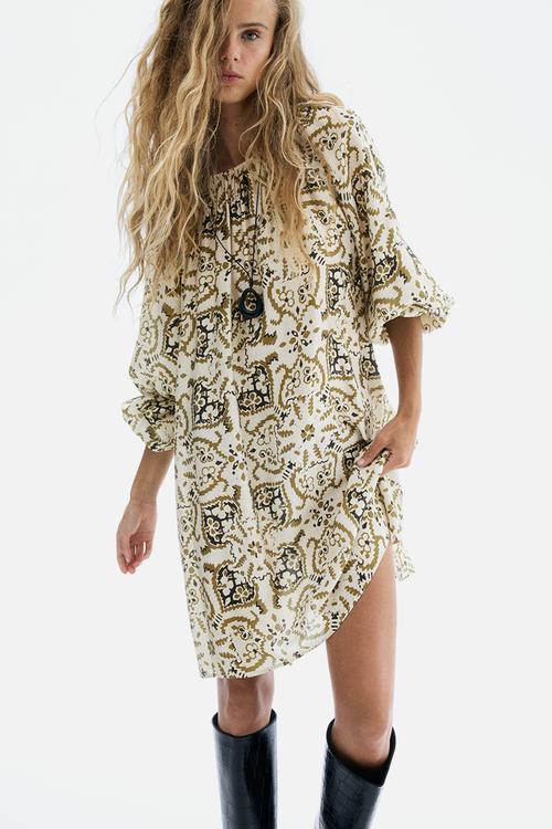 Oversized tie-belt dress - light beige patterned