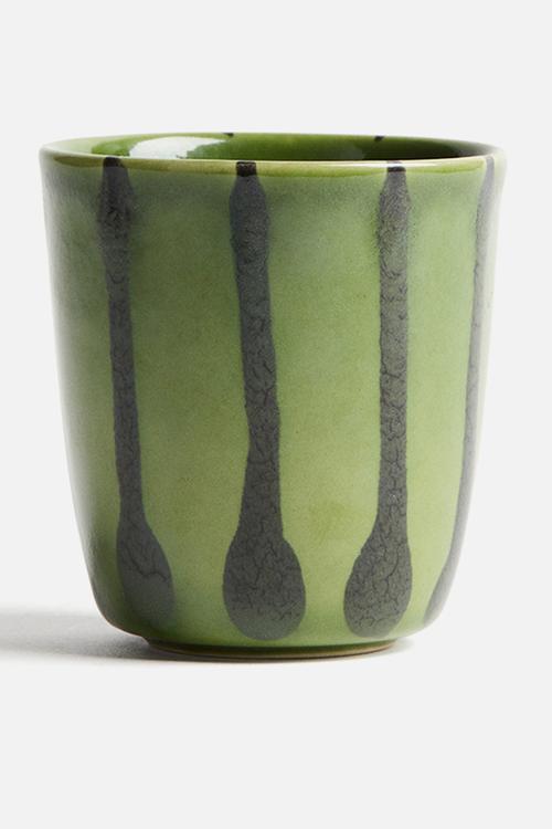 Drip-glazed stoneware mug - green/patterned
