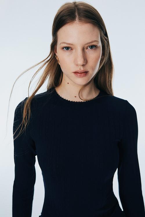 Pointelle jersey top - navy blue 