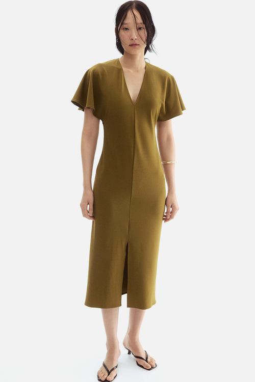 V-neck interlock dress - olive green