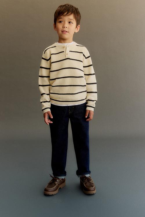 Waffle-knit henley jumper - cream & black striped