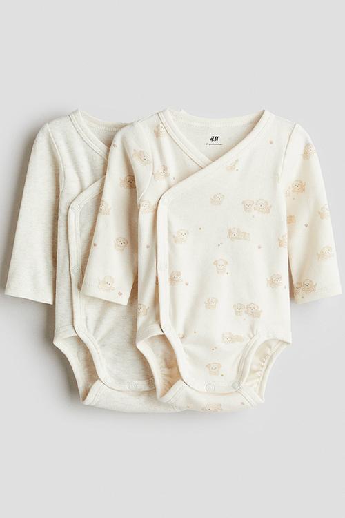 2-Pack cotton wrapover bodysuits - light beige marl/dogs