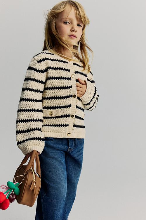 Crochet-look cardigan - light beige/striped 