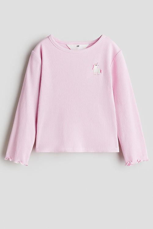 Embroidery-detail cotton top - pink/unicorn