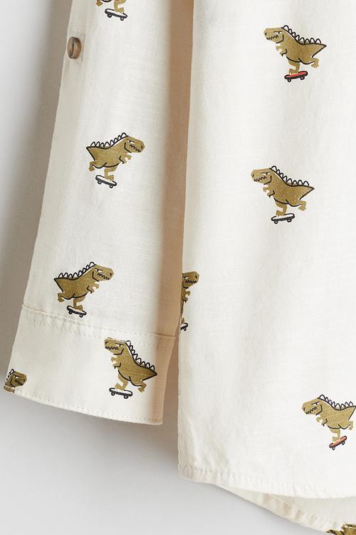 Cotton grandad shirt - white/dinosaurs