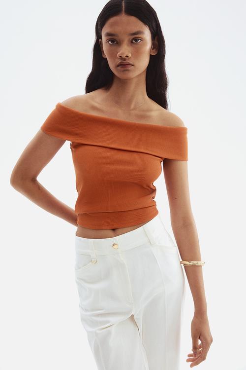 Rib-knit off-the-shoulder top - orange