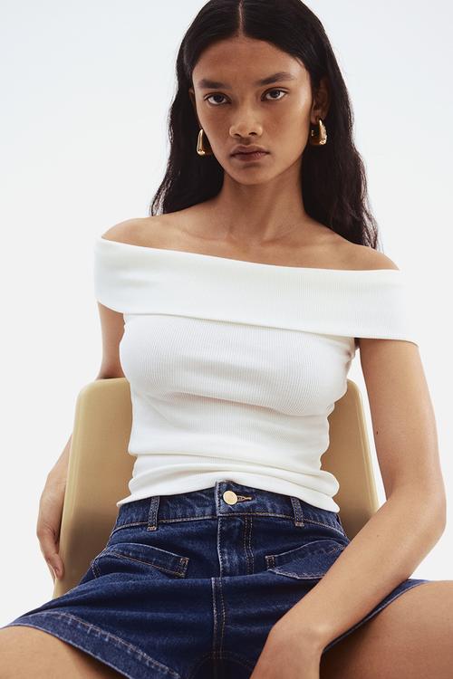 Rib-knit off-the-shoulder top - white