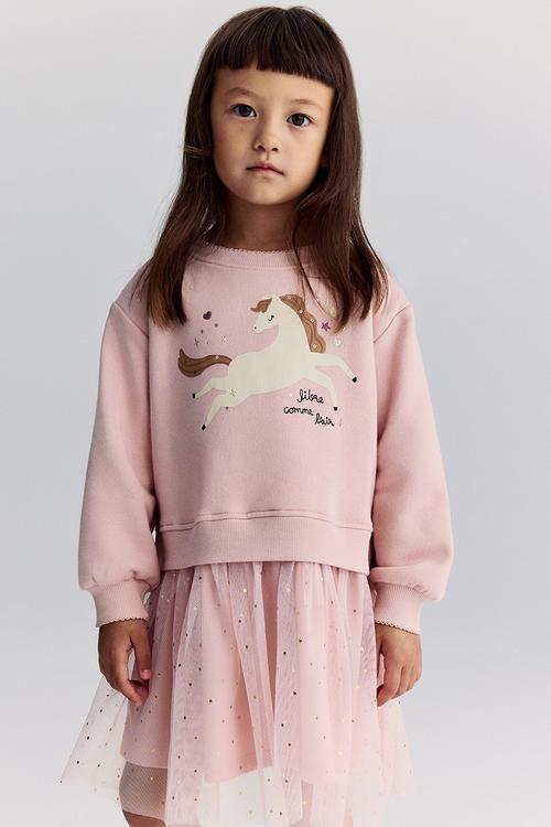 Tulle-skirt sweatshirt dress - pink,multi