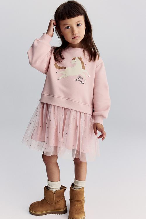 Tulle-skirt sweatshirt dress - pink,multi
