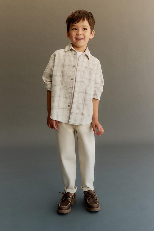 Cotton muslin shirt - light beige/checked 