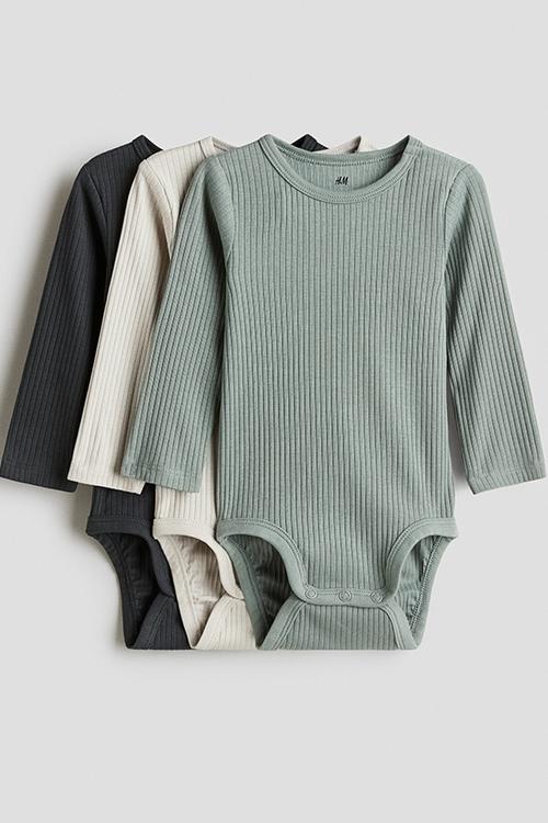 3 pack ribbed bodysuits - dusty green & dark grey