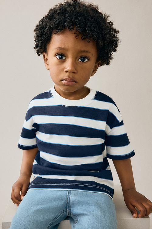 Printed cotton t-shirt - navy blue & white striped