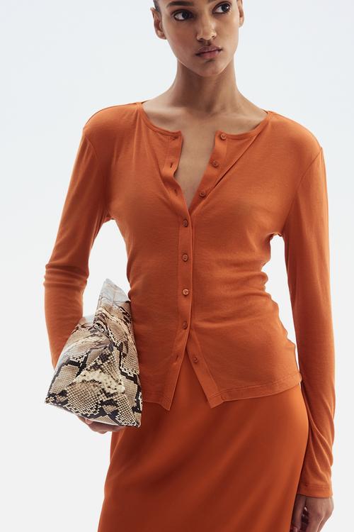 Fine-knit button-front top - orange