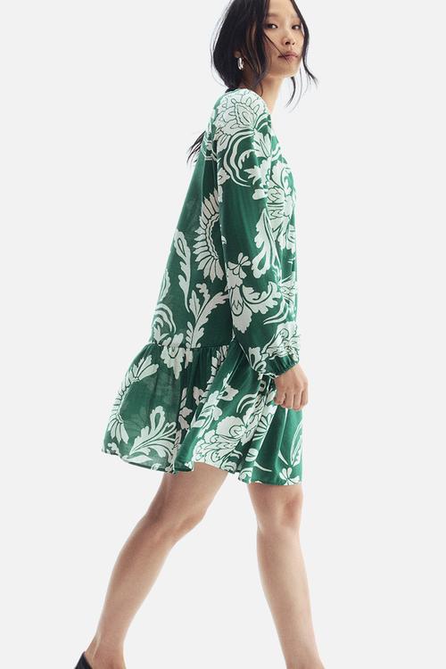 Button-front tunic dress -green/patterned