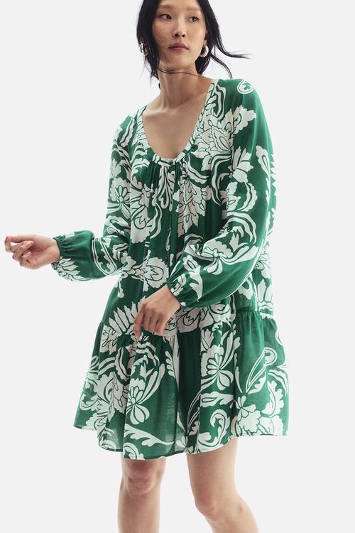 Button-front tunic dress -green/patterned