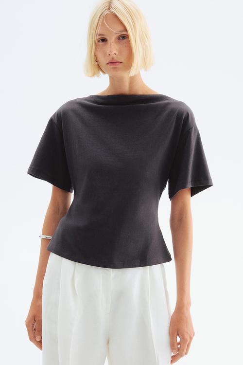 Boat-neck cotton top -dark grey