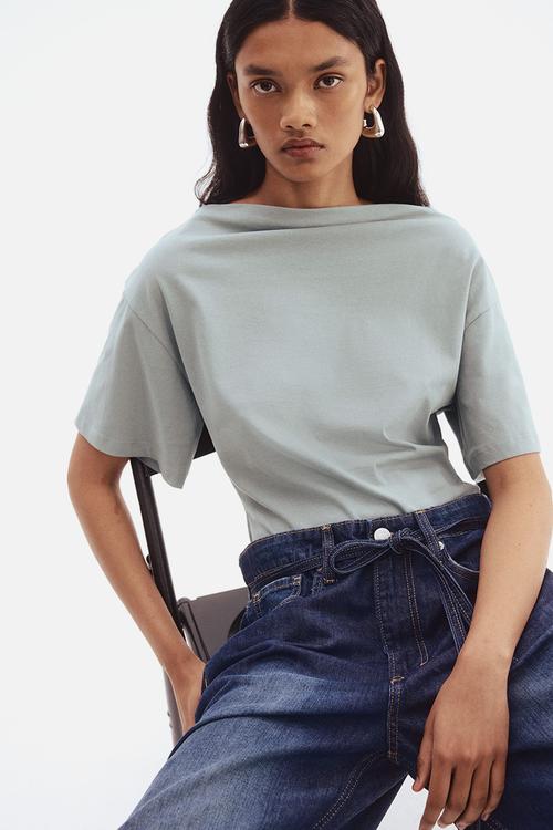 Boat-neck cotton top - turquoise