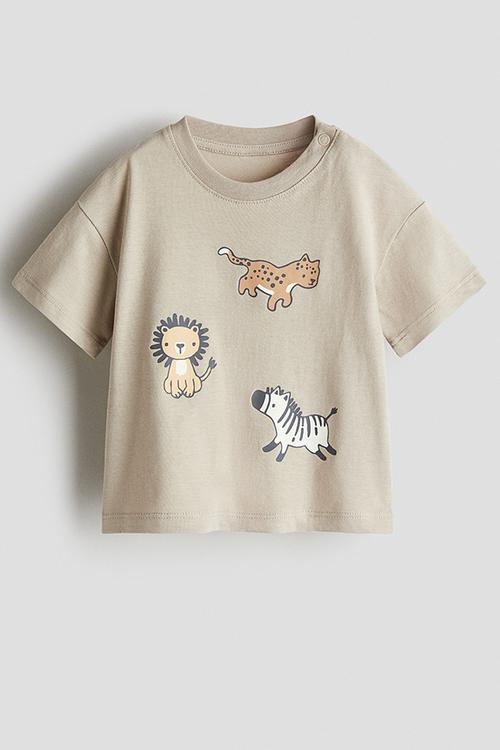 Printed cotton t-shirt - beige,multi