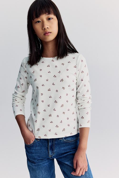 Long-sleeved cotton jersey top - white,multi