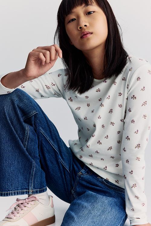 Long-sleeved cotton jersey top - white,multi