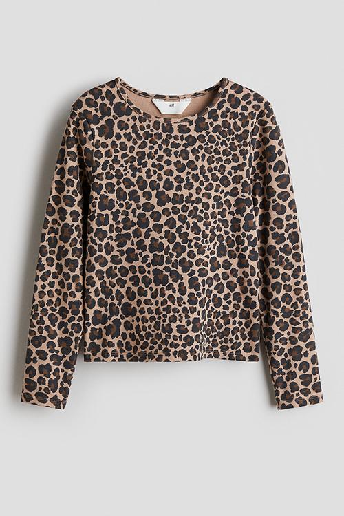 Long-sleeved cotton jersey top -  beige/leopard print 