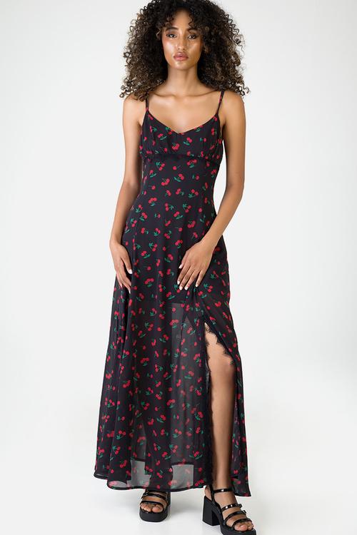Cherry Bomb: Maxi Dress With Lace Trim Details - Black