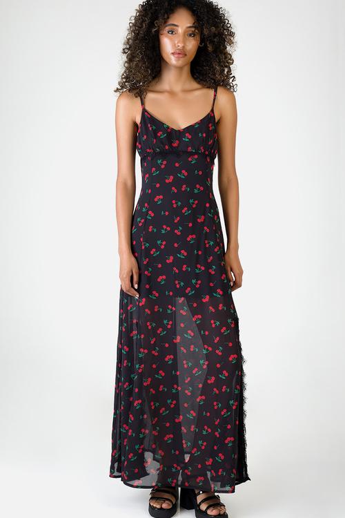 Cherry Bomb: Maxi Dress With Lace Trim Details - Black