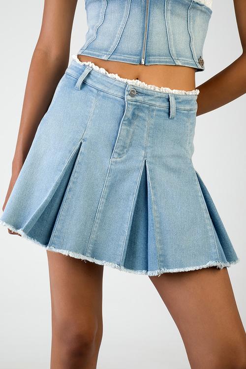 Nicole: Mini Pleated Denim Skirt With Lace Trim on The Waist - Light Vintage