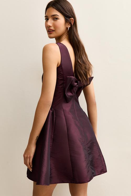 Taffeta bow back mini dress - burgandy