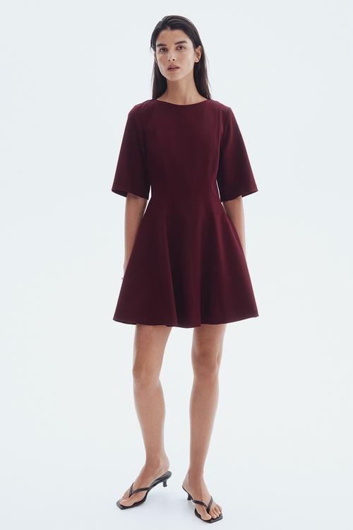 Waisted twill dress - burgundy