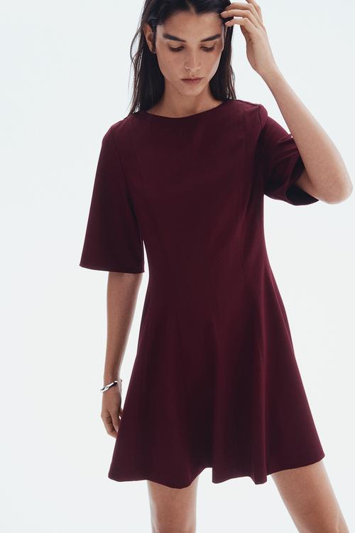 Waisted twill dress - burgundy