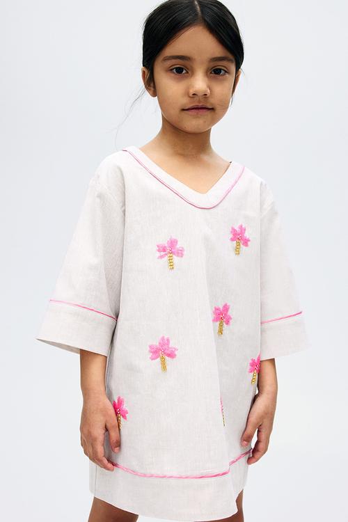 Sequined linen-blend dress - light grey palm trees 