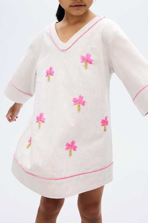 Sequined linen-blend dress - light grey palm trees 