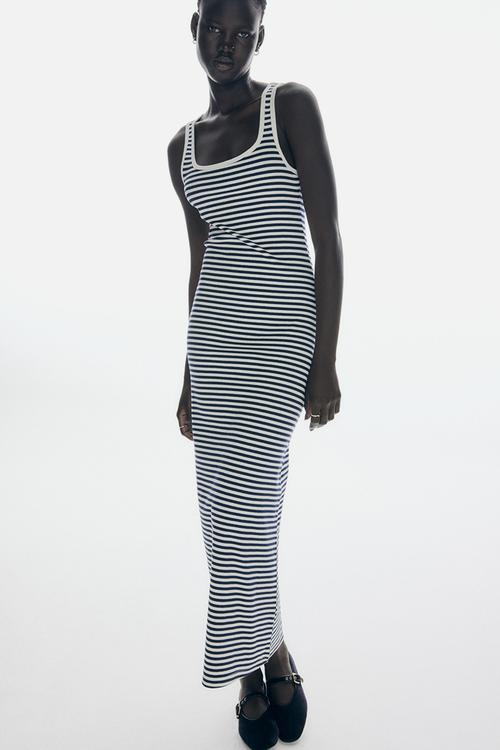 Sleeveless maxi dress - white & navy blue striped 