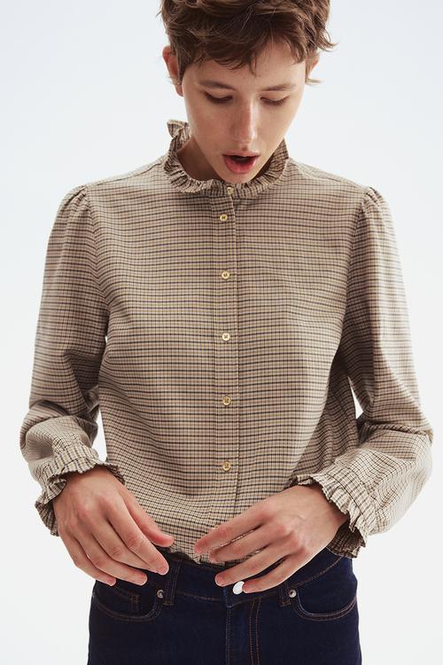 Frilled-collar blouse - beige/checked
