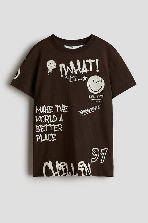 Print-motif cotton T-shirt - dark brown smileyworld®