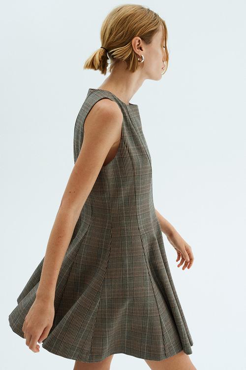 Flared-skirt dress - beige checked 