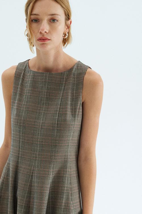 Flared-skirt dress - beige checked 