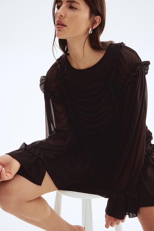 Frill-trimmed draped dress - dark brown