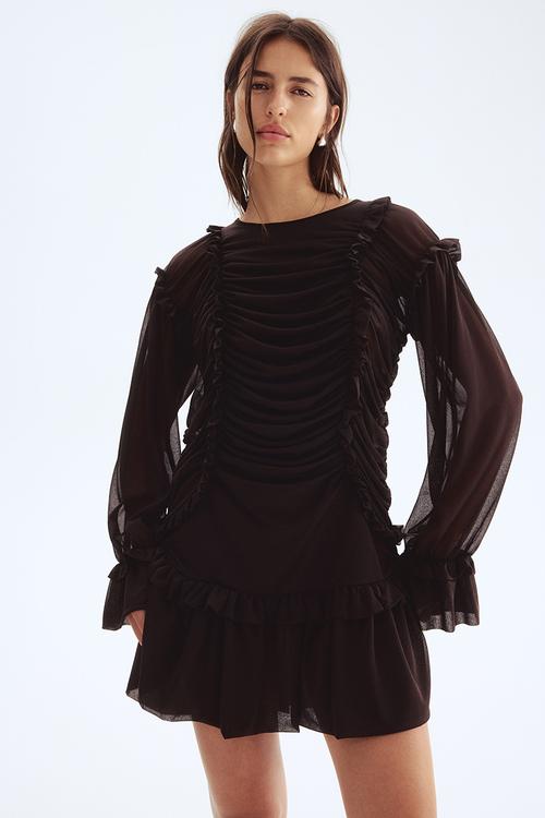 Frill-trimmed draped dress - dark brown