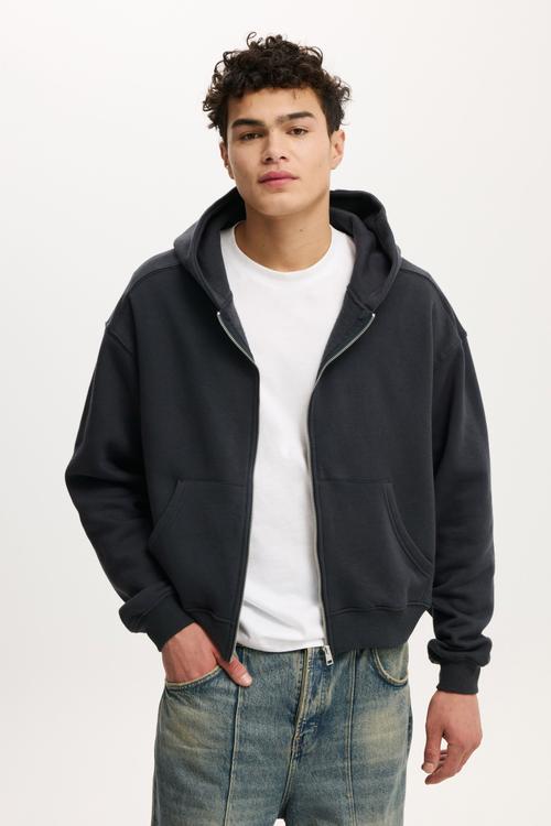 Cropped Zip Up Hoodie - Washed Black