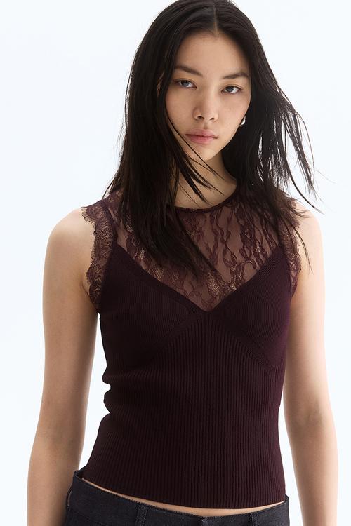 Lace-detail top - burgundy